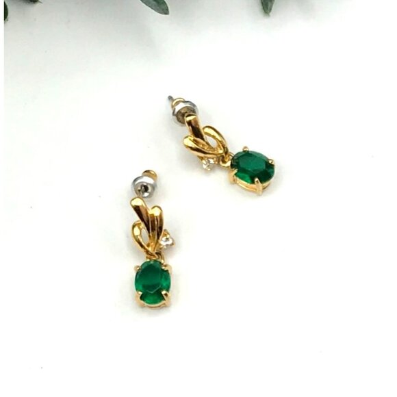 Vintage Style Gold-Tone Drop Earrings With Green Gemstone & Small Cubic Zirconia - Picture 1 of 8